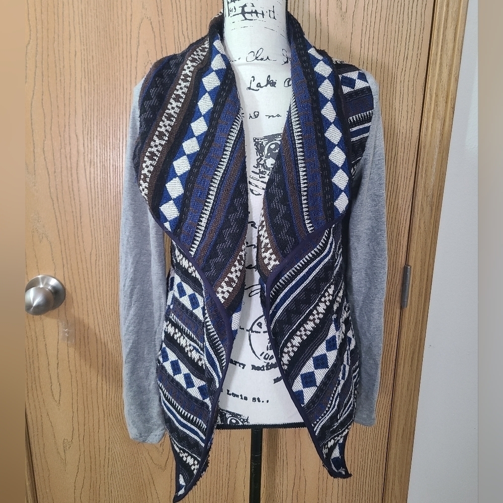 Blu Pepper Aztec Tribal Southwestern Geometric Print Woven Cardigan Jacket